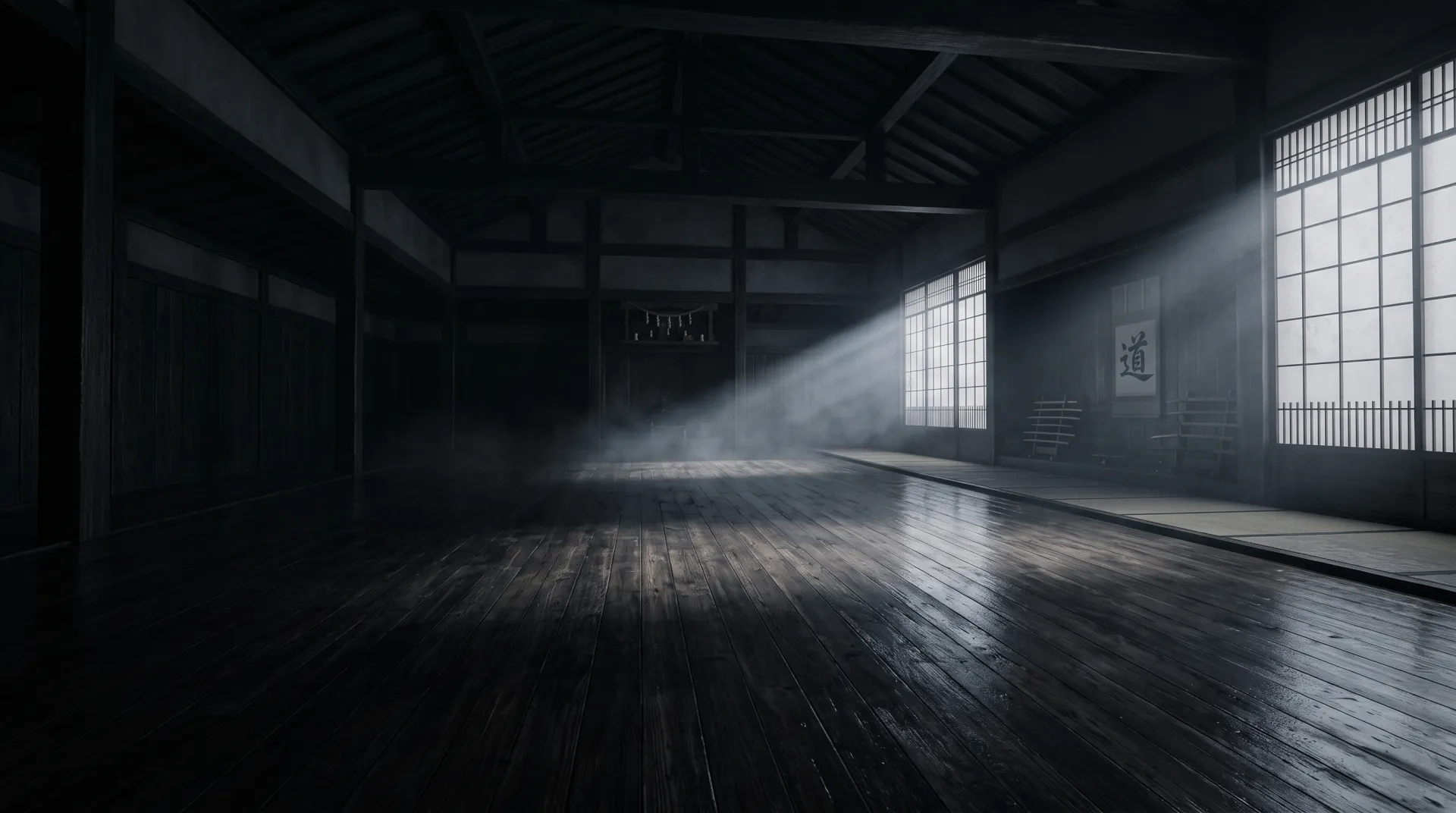 A dark, empty traditional dojo hall with a shaft of light falling across the floor